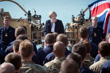 Prime Minister Theresa May addresses sailors on board HMS Ocean in the Port of Manama in Bahrain