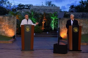 Colombia's President Juan Manuel Santos and U.S. Vice President Mike Pence during a press conference in Cartagena