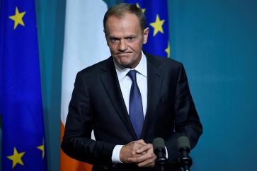 President of the European Council Donald Tusk speaks during a press conference at Government buildings in Dublin