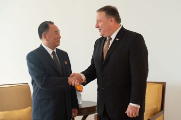 North Korea Vice-Chairman Kim Yong-chol shakes hands with United States Secretary of State Mike Pompeo on May 31, 2018 in New York. - US Secretary of State Mike Pompeo resumed talks in New York on Thursday with a top North Korean official as the pair work to salvage next month's nuclear summit between Donald Trump and Kim Jong Un, an AFP journalist on the scene said.Kim Yong Chol, considered the North Korean leader's right-hand man, is the most senior official from Pyongyang to visit the United States in 18 years. (Photo by Bryan R. Smith / AFP)        (Photo credit should read BRYAN R. SMITH/AFP/Getty Images)