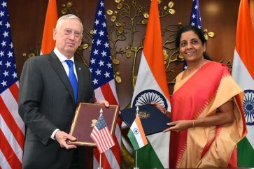 This handout photo from India's Ministry of External Affairs taken on September 6, 2018 shows US Secretary of Defense Jim Mattis (L) exchanging agreements with Indian Defense Minister Nirmala Sitharaman in New Delhi. - US President Donald Trump's top two envoys were expected September 6 to press India not to buy Russian military equipment or Iranian oil, while seeking to bolster ties as China grows more assertive in the region. (Photo by Handout / INDIAN MINISTRY OF EXTERNAL AFFAIRS / AFP) / RESTRICTED TO EDITORIAL USE - MANDATORY CREDIT "AFP PHOTO / INDIAN MINISTRY OF EXTERNAL AFFAIRS" - NO MARKETING NO ADVERTISING CAMPAIGNS - DISTRIBUTED AS A SERVICE TO CLIENTS -