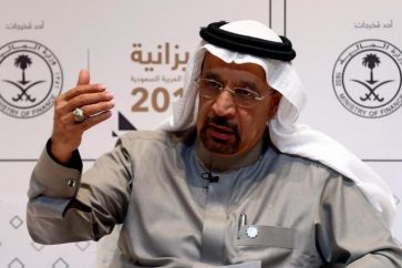 Saudi energy minister Khalid al-Falih gestures during the 2017 budget news conference in Riyadh