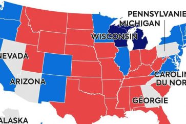 La couleur bleue représente les Etats gagnés par Biden et le rouge revient à Trump