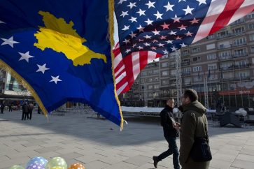 Kosovo and U.S. flags decorate the main square in Pristina, Kosovo, on Feb. 17, on the 10th anniversary of the country's independence from Serbia.