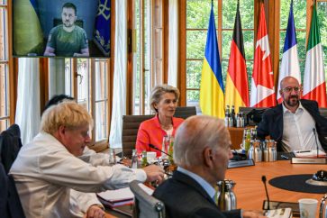 Les dirigeants du G7 discutent par visioconférence avec le président ukrainien Volodymyr Zelensky, le 27 juin.